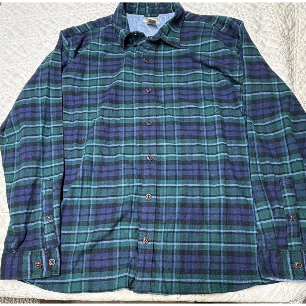 L.L.Bean Flannel Shirt Mens XL Green Blue Plaid Traditional Fit button shirt